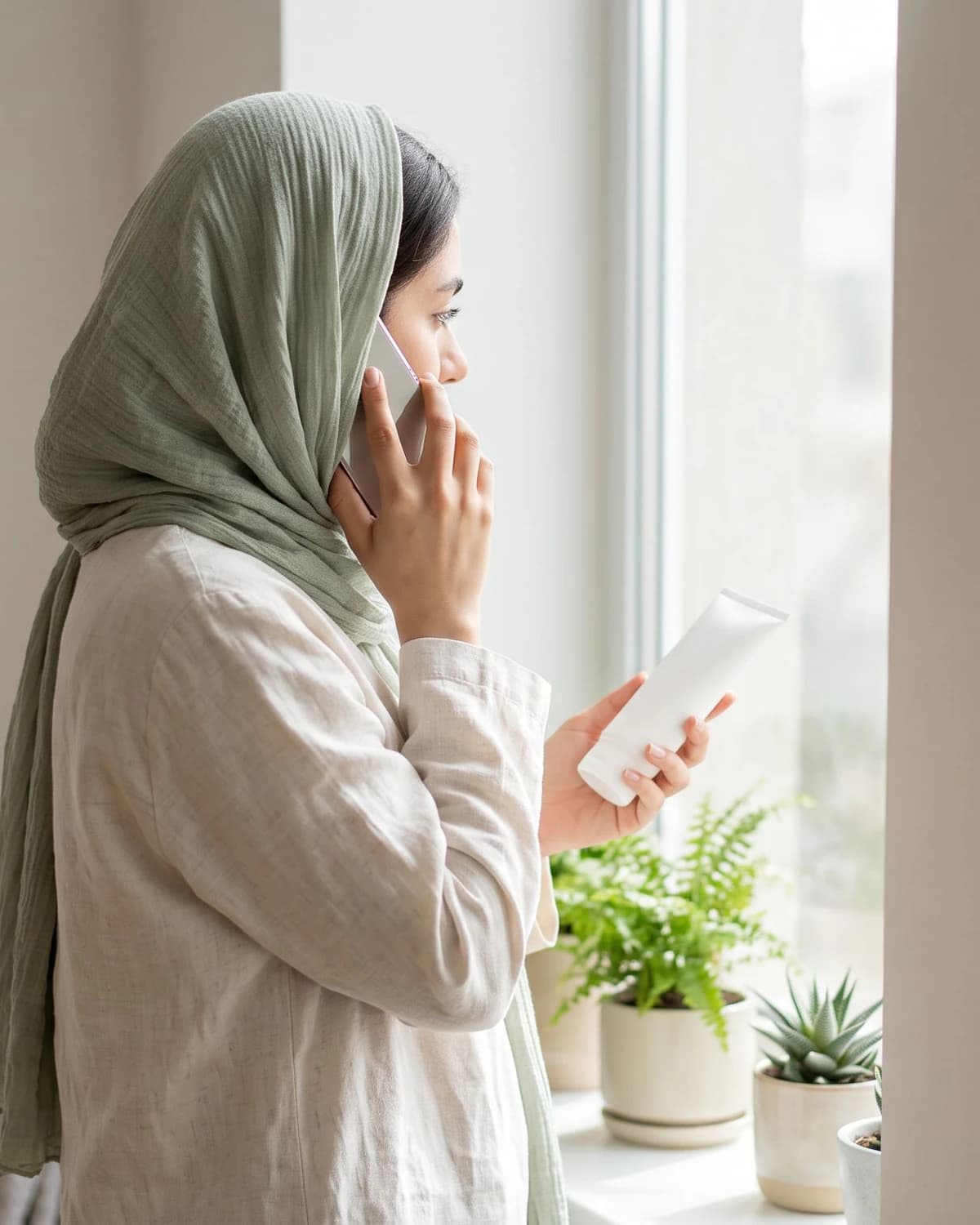 زن جوانی با روسری سبز کمرنگ کنار پنجرهای روشن ایستاده، با تلفن صحبت میکند و تیوب کرم سفیدی در دست دارد؛ گلدانهای گیاه روی لبهٔ پنجره است.